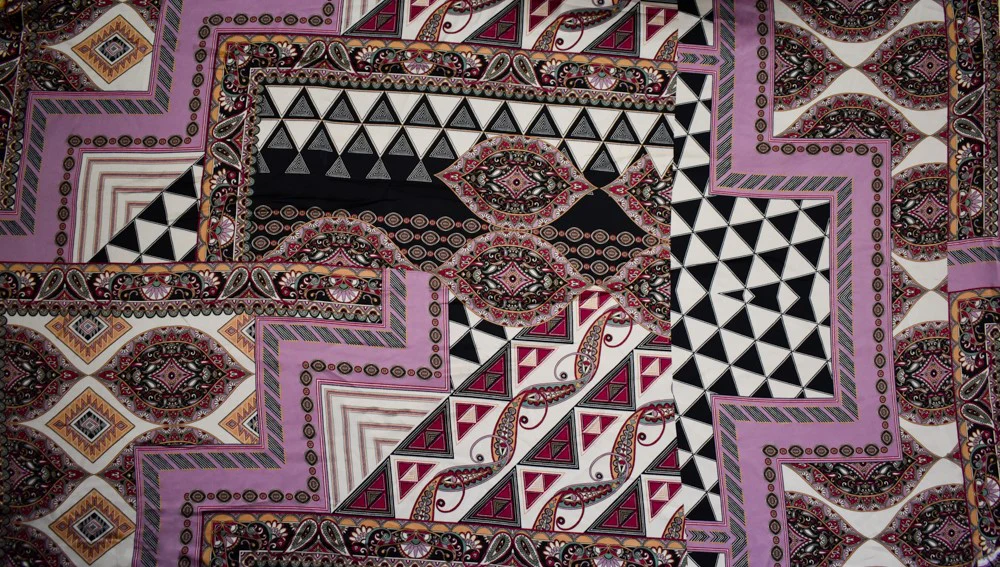 Purple-Beige-Multi Polyester Multi Pattern Border Printed Charmeuse Woven Fabric - Image 3
