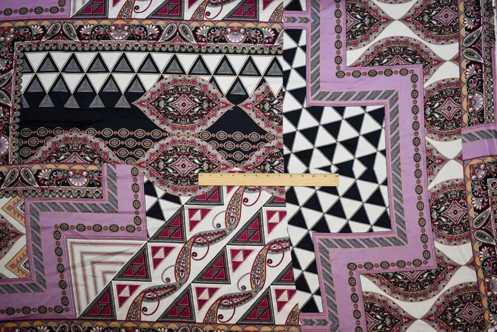 Purple-Beige-Multi Polyester Multi Pattern Border Printed Charmeuse Woven Fabric - Image 4