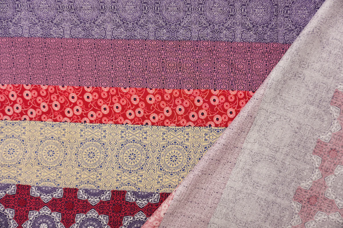 Purple-Beige-Multi Rayon Stripe Moroccan Printed Challis Woven Fabric - Image 3