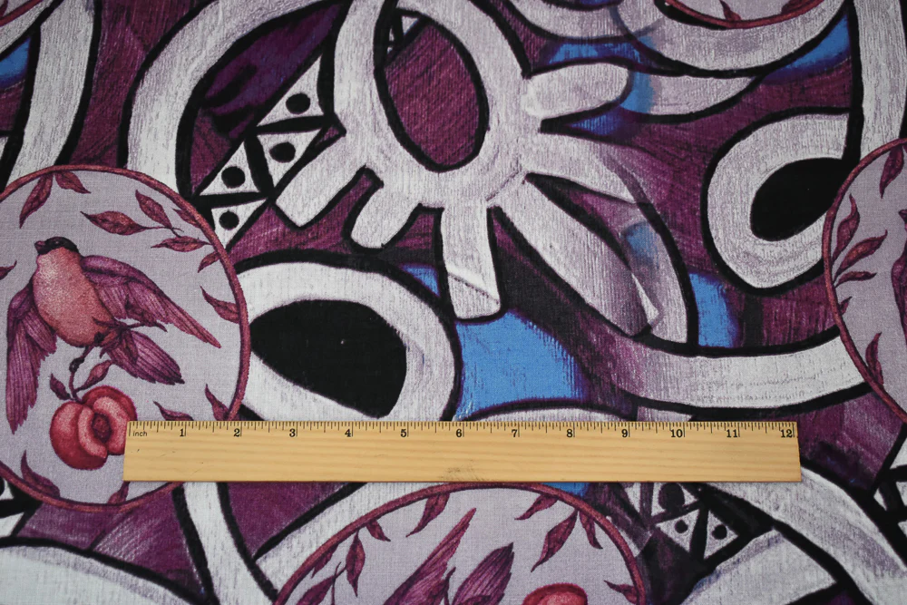 Purple-Blue-Multi Abstract Bird Fruit Pattern Printed Linen Woven Fabric - Image 5