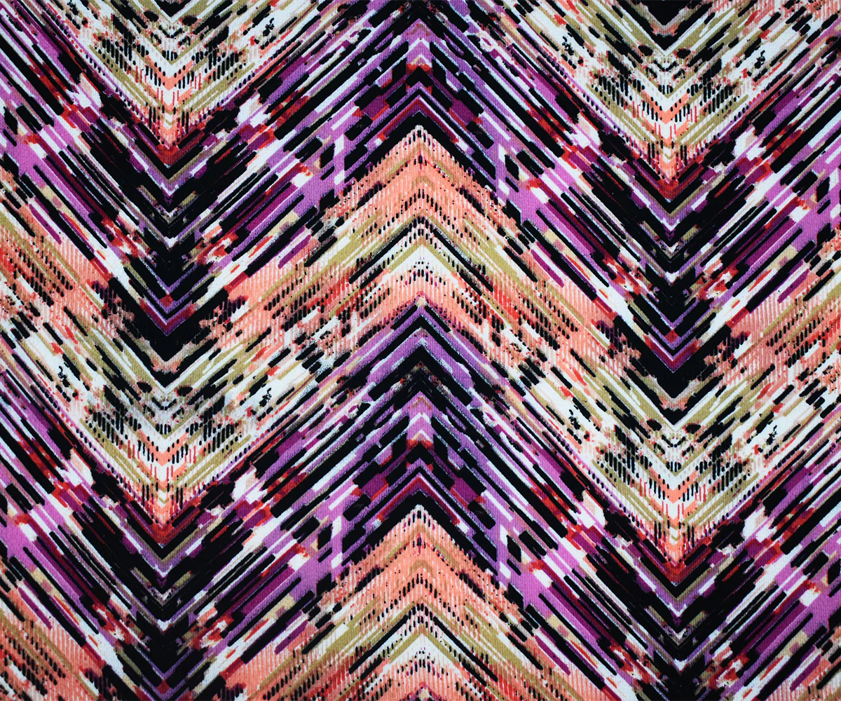 Purple-Coral-Multi Poly Abstract Tribal Chevron Printed Crepe Woven Fabric - Image 4