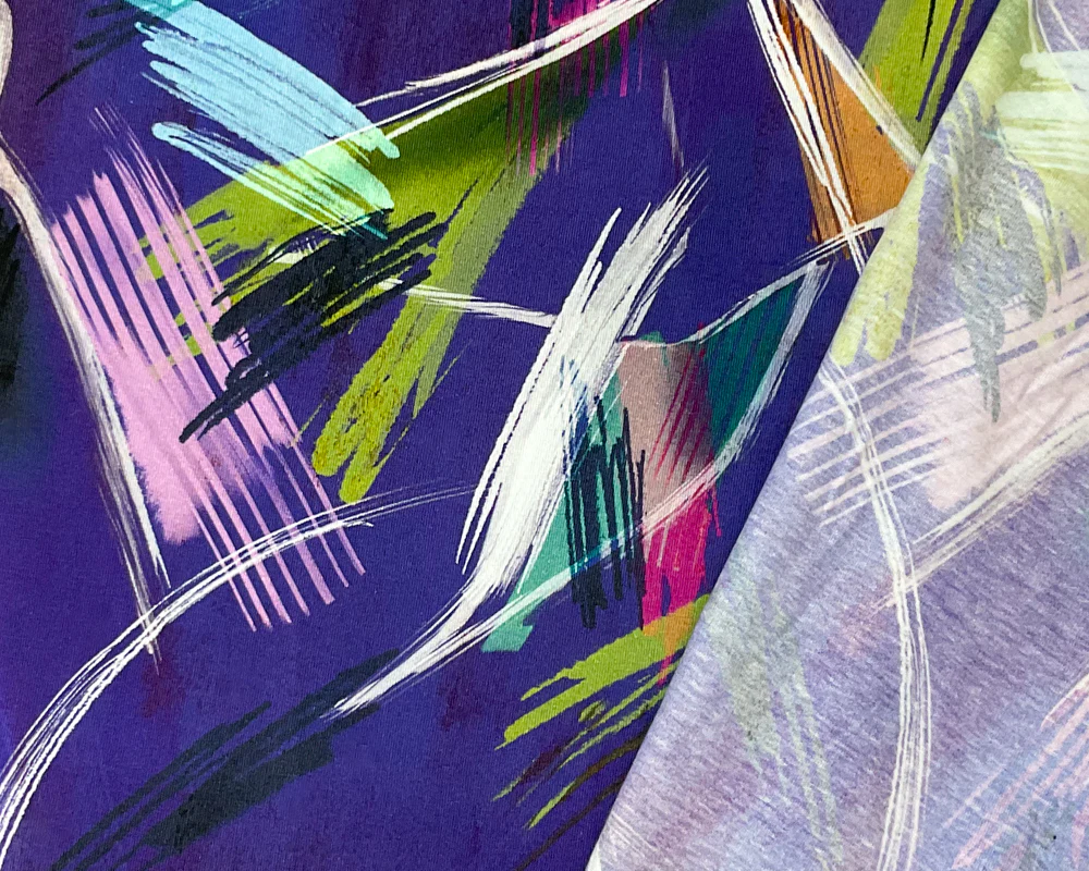 Purple-Green-Multi Cotton Abstract Printed Jersey Knit Fabric - Image 2