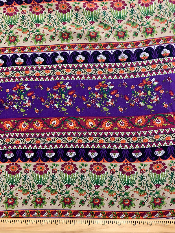 Purple Multi Floral Stripe Print Rayon Challis Fabric - Image 3