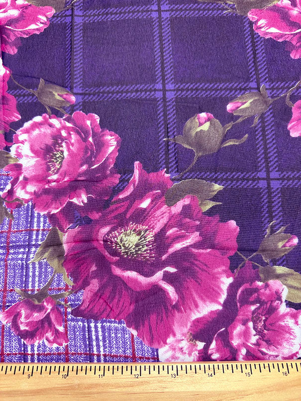 Purple Plaid Floral Print Poly Chiffon Fabric - Image 3