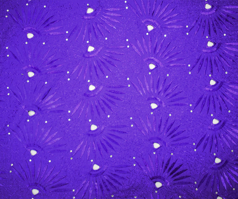 Purple Poly-Cotton Embroidered Abstract Scallop Rhinestone Woven Fabric - Image 3