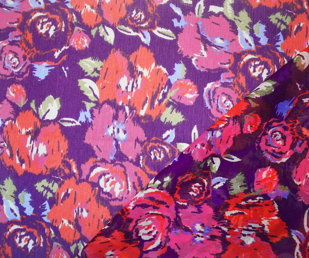 Purple-Red-Multi Poly Ink Floral Printed Crinkle Yoryu Chiffon Woven Fabric - Image 2