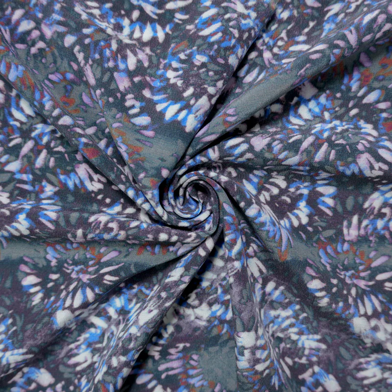 Purple Silk Abstract Floral Printed Matte Crepe De Chine Woven Fabric