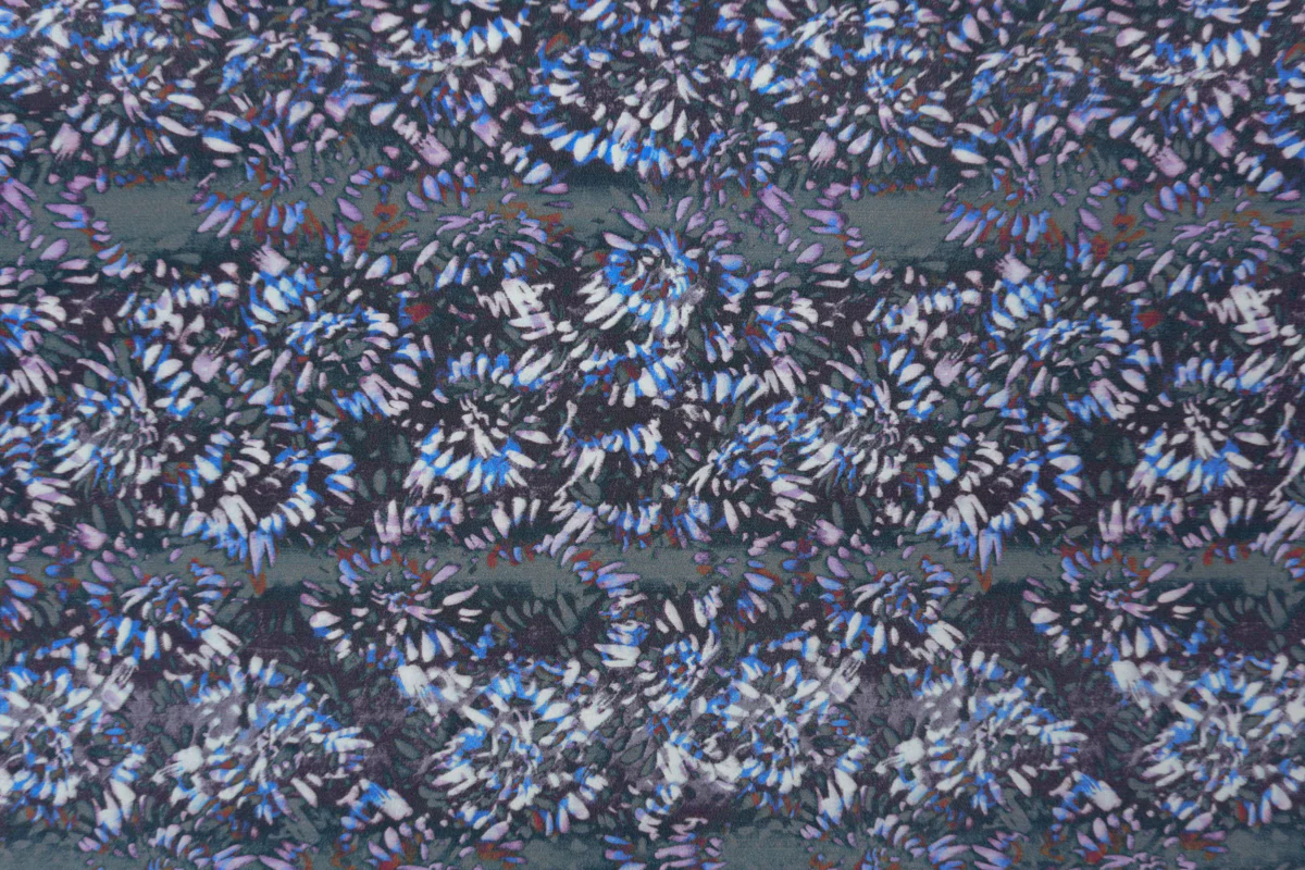 Purple Silk Abstract Floral Printed Matte Crepe De Chine Woven Fabric - Image 4