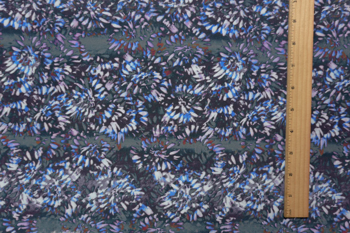 Purple Silk Abstract Floral Printed Matte Crepe De Chine Woven Fabric - Image 5