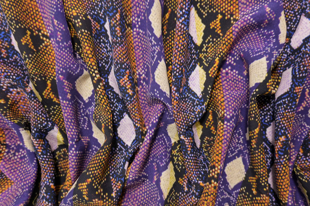 Purple Silk Abstract Reptile Printed Crepe De Chine Woven Fabric - Image 3