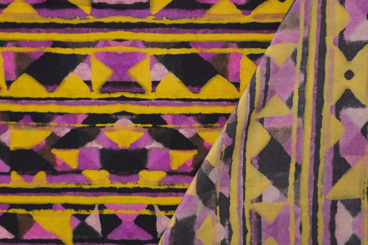 Purple Silk Aztec Stripe Printed Semi-Sheer Crepe Woven Fabric - Image 2