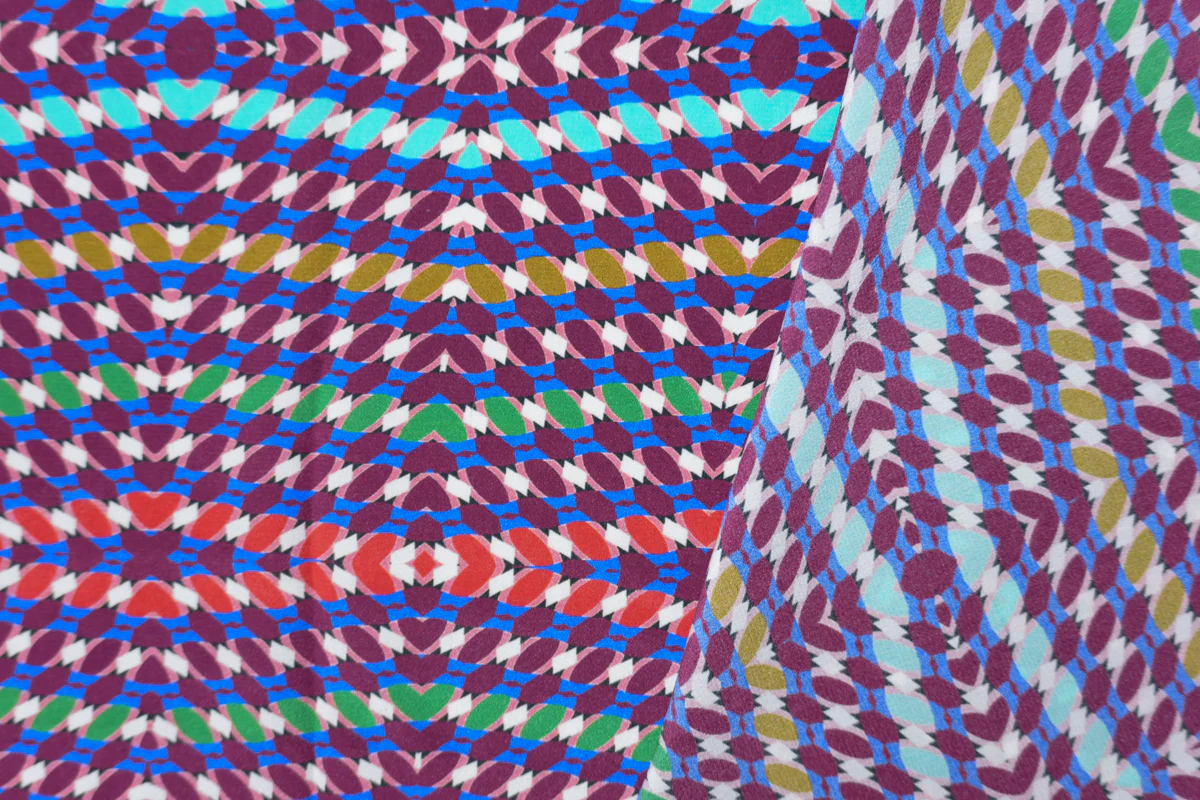 Purple Silk Kaleidoscope Printed Crepe De Chine Woven Fabric - Image 2