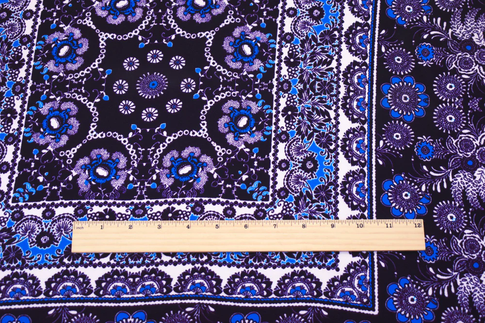 Purple-Turquoise-Ivory Poly Floral Bordered Printed Crepe Woven Fabric - Image 2