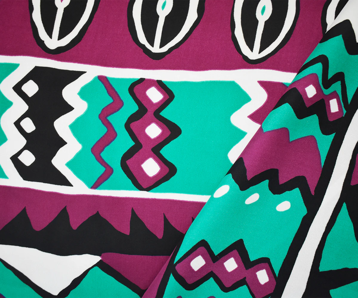 Purple-Turquoise-Multi Poly Aztec Stripe Printed Charmeuse Satin Woven Fabric - Image 2