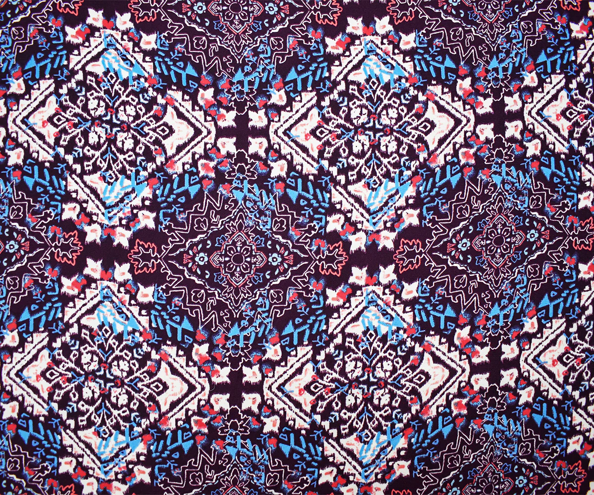 Purple-Turquoise-Multi Poly Diamond Aztec Printed Crepe Dobby Woven Fabric - Image 3