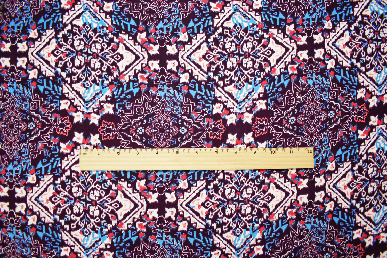 Purple-Turquoise-Multi Poly Diamond Aztec Printed Crepe Dobby Woven Fabric - Image 4