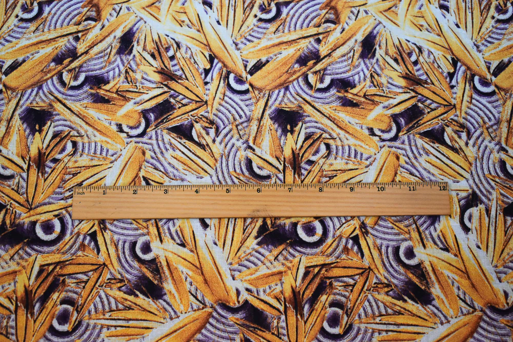 Purple-Yellow-Multi Abstract Whirl Leaf Pattern Printed Linen Woven Fabric - Image 5