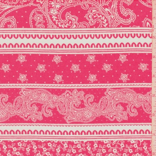 Raspberry/White Paisley Stripe Crinkled Crepe Fabric