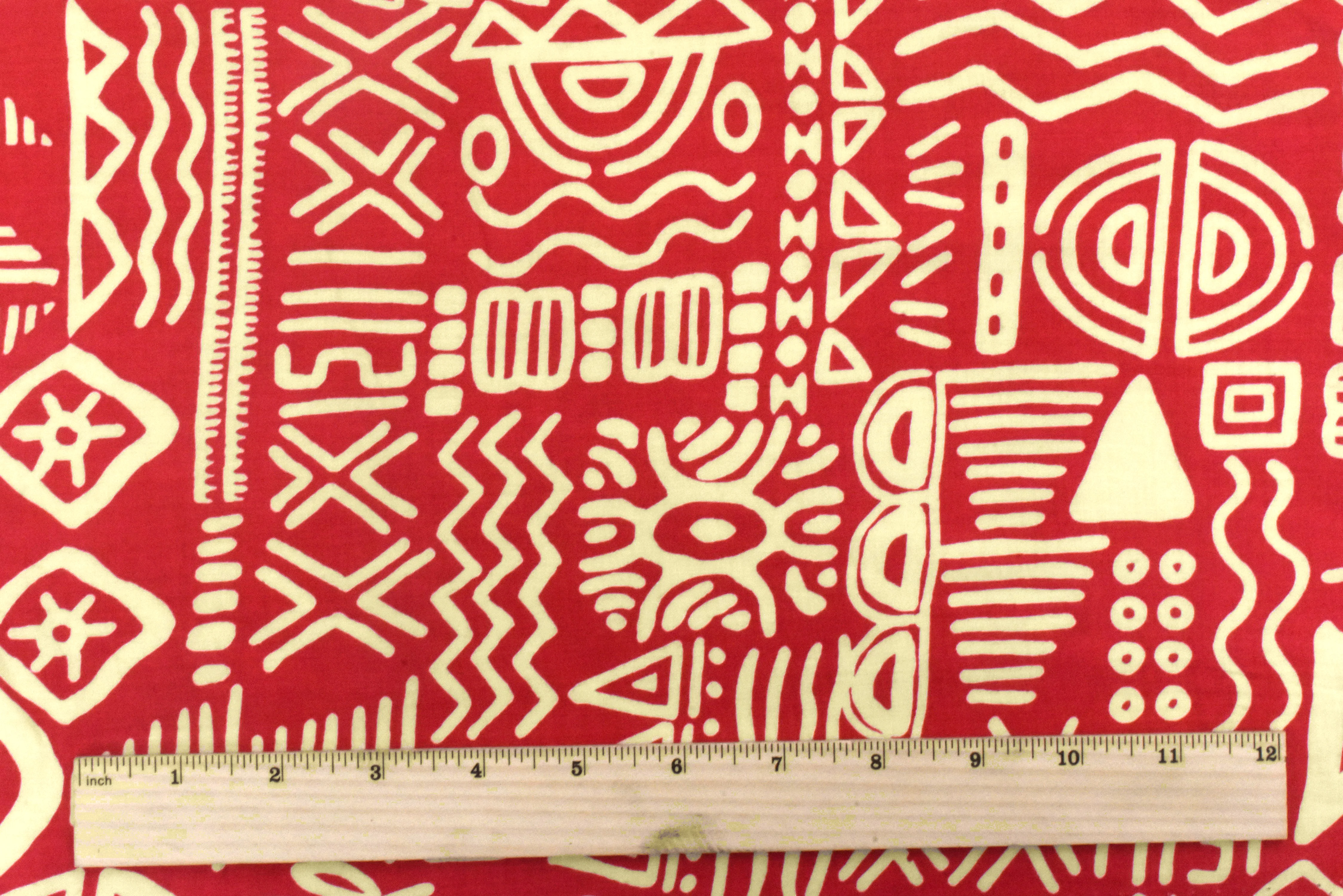 Red-Beige Tribal Symbols Printed Challis Woven Fabric - Image 5