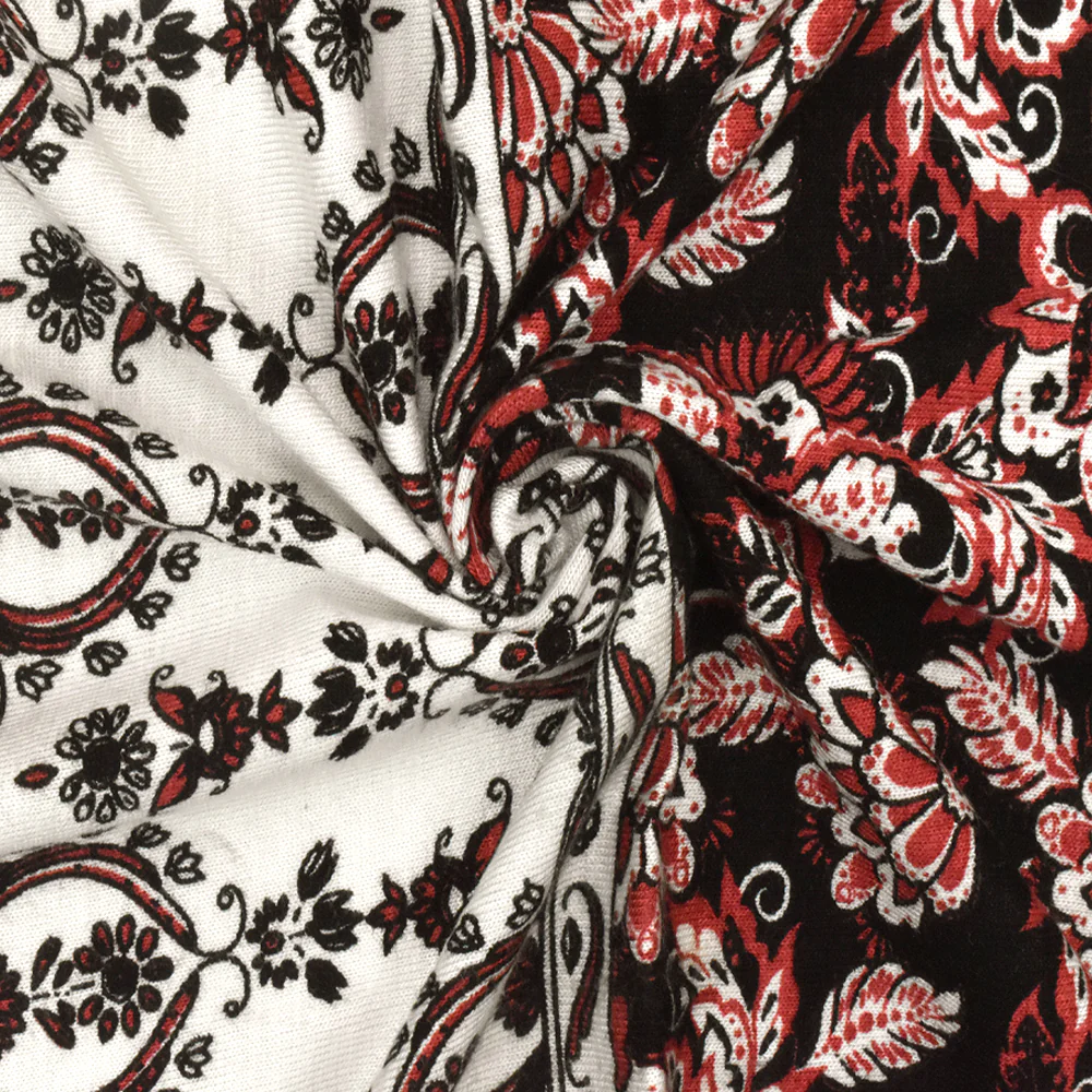 Red-Black-Ivory Stripe Floral Print Slub Rayon Stretch Jersey Knit Fabric - Image 2