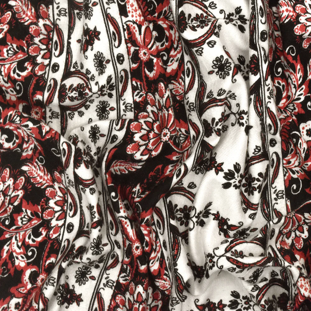 Red-Black-Ivory Stripe Floral Print Slub Rayon Stretch Jersey Knit Fabric - Image 3