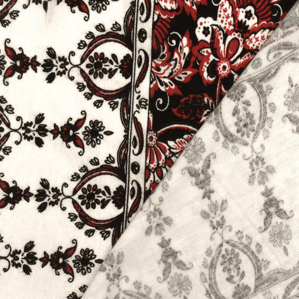Red-Black-Ivory Stripe Floral Print Slub Rayon Stretch Jersey Knit Fabric - Image 4