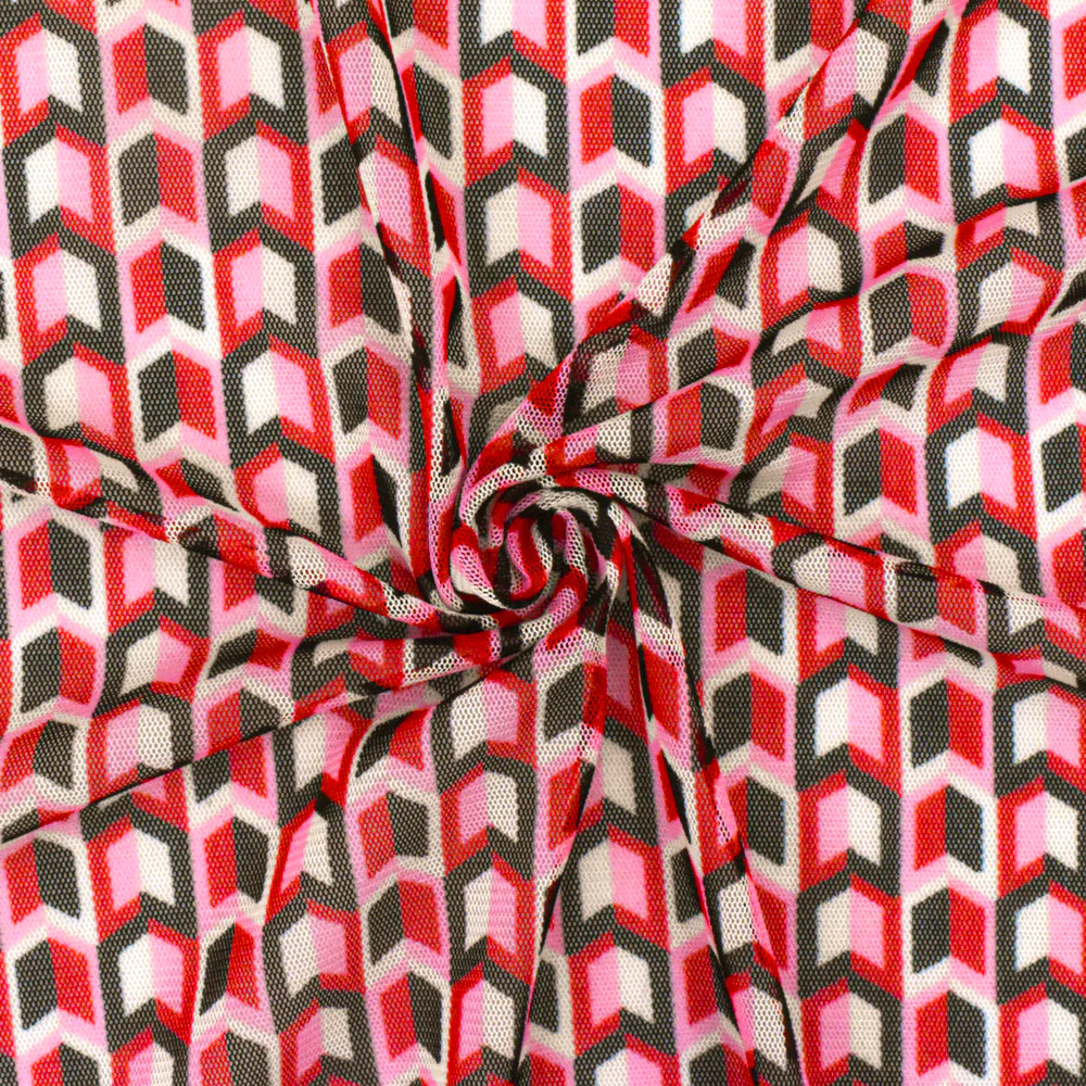 Red-Black-Multi Arrow Printed Stretch Polyester Mesh Knit Fabric - Image 2