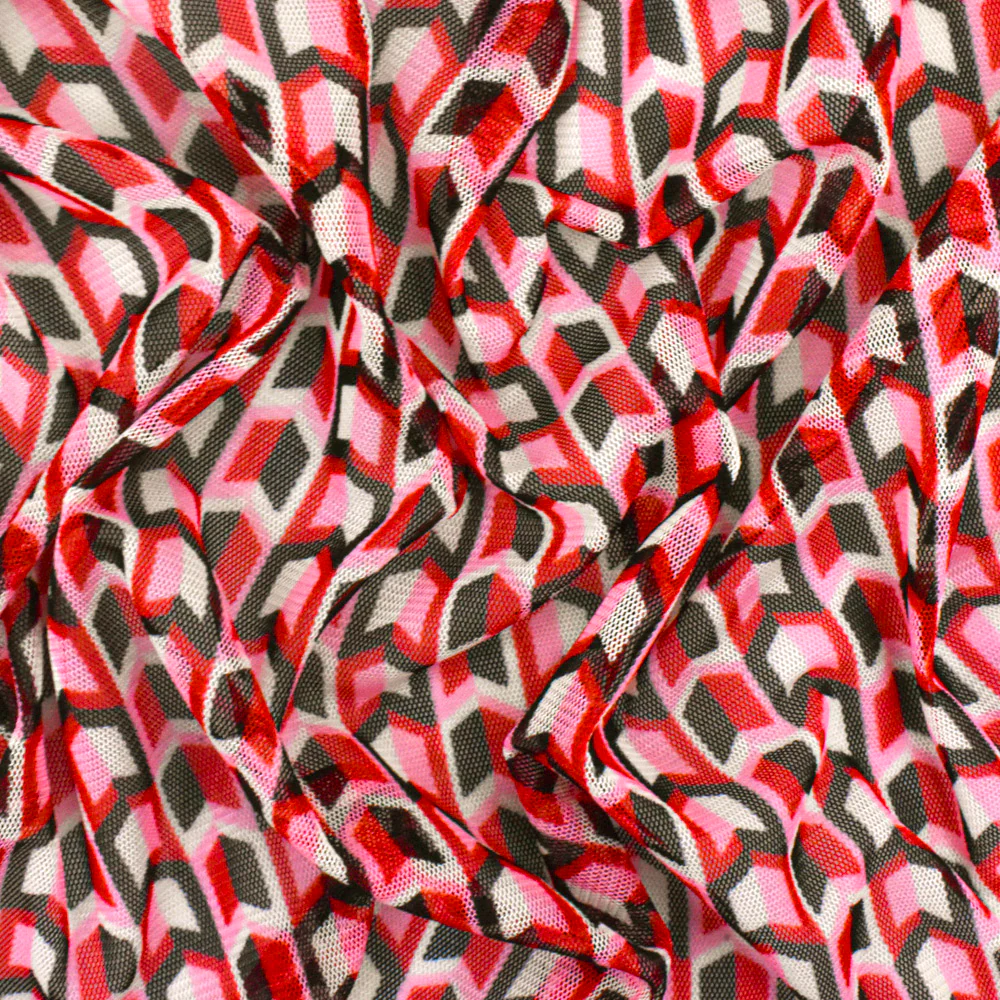Red-Black-Multi Arrow Printed Stretch Polyester Mesh Knit Fabric - Image 3