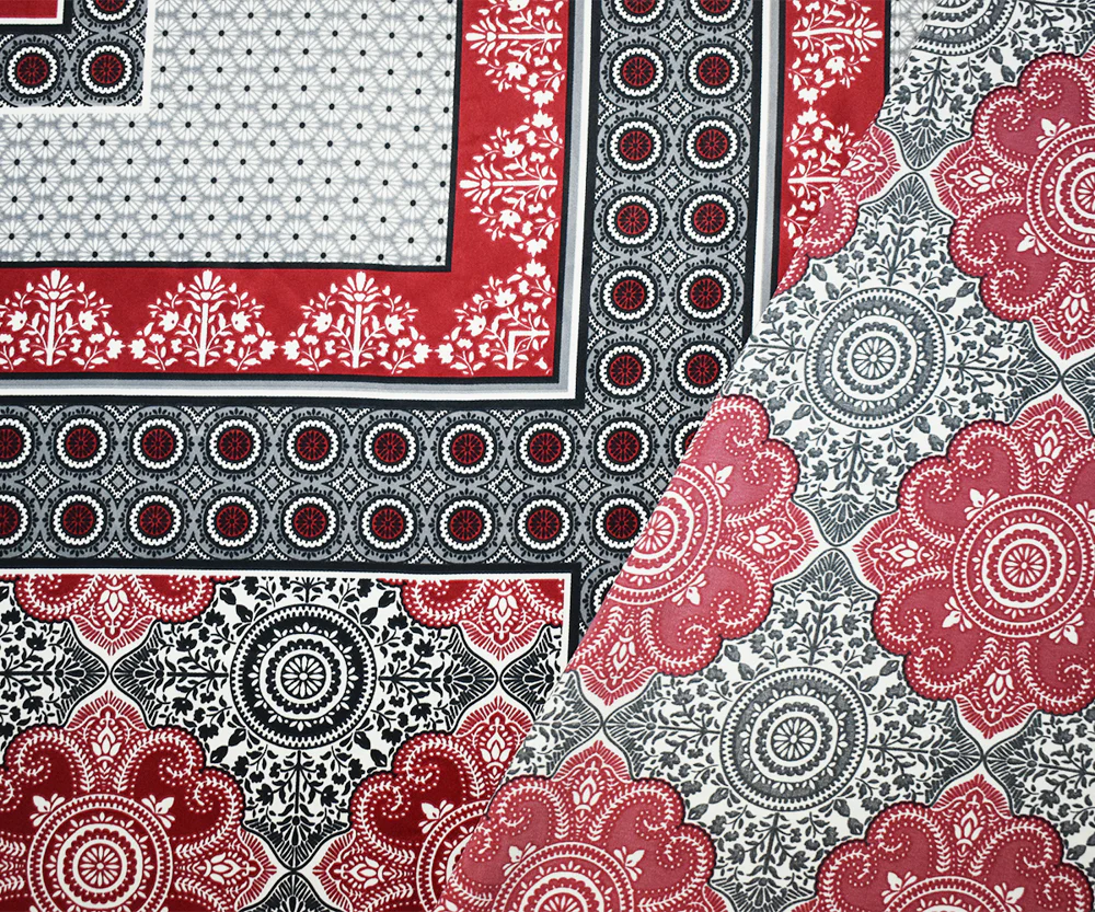 Red-Black-Multi Poly Border Medallion Printed Charmeuse Woven Fabric - Image 3