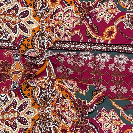 Red-Black-Multi Poly Floral Border Printed Momie Georgette Woven Fabric