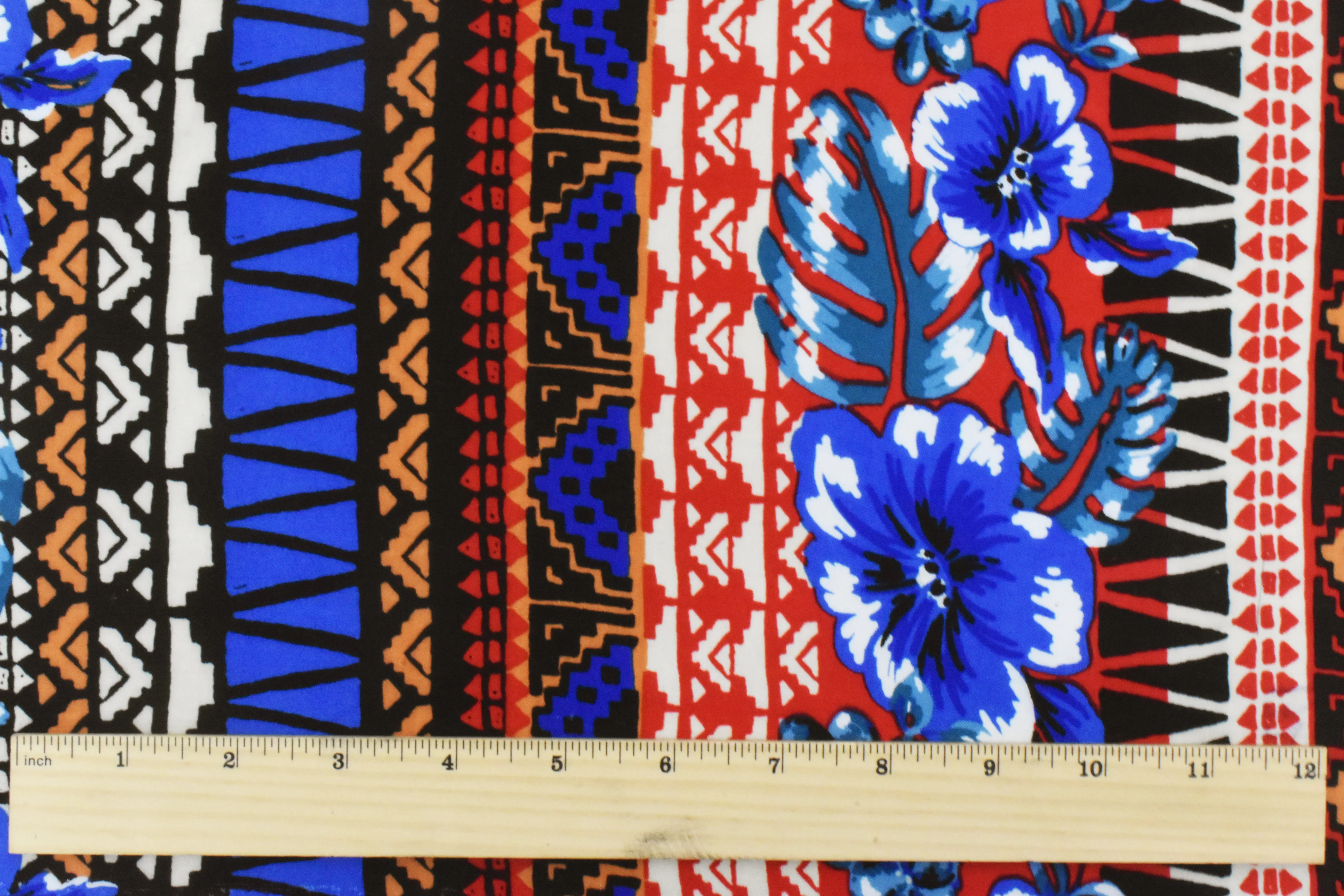 Red-Blue-Multi Floral Tribal Stripe Printed Challis Fabric - Image 5