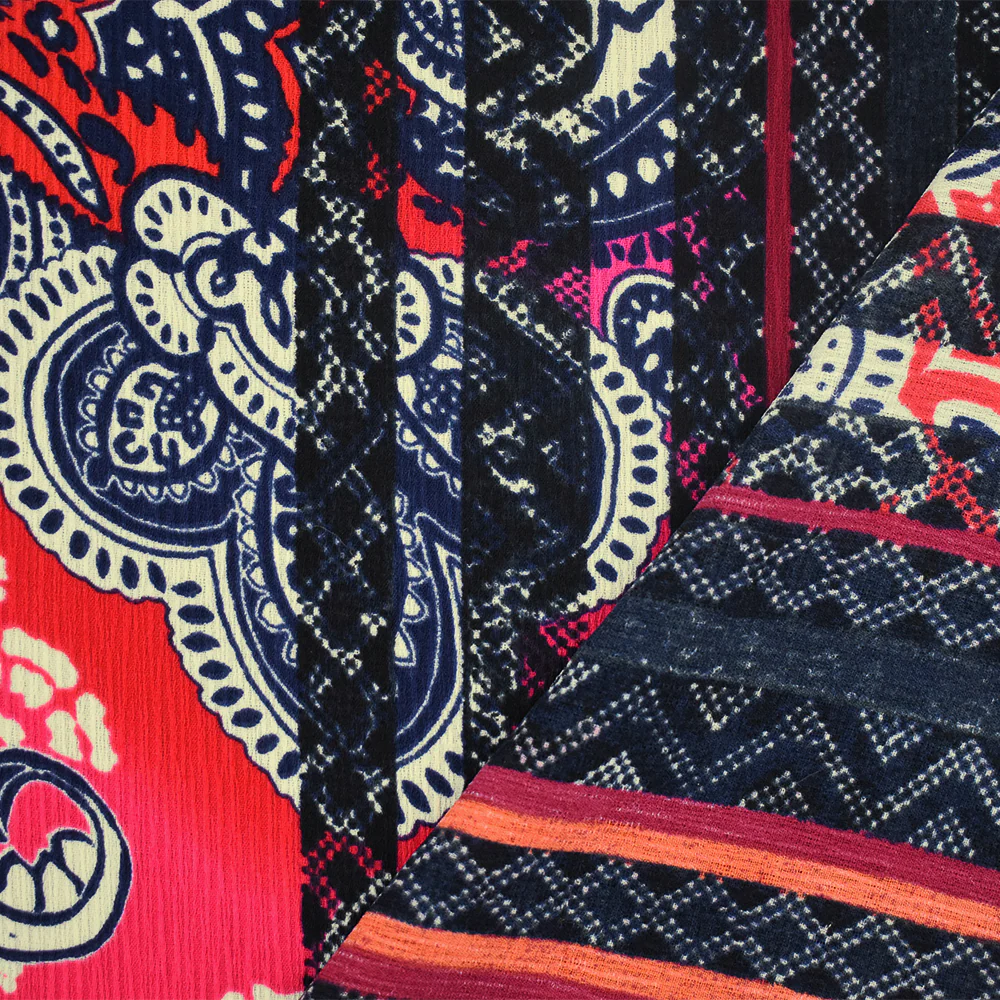 Red-Blue-Multi Paisley Border Printed Dobby Woven Fabric - Image 2