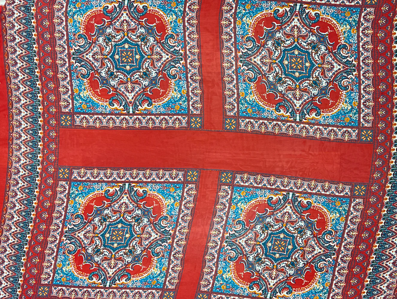 Red-Blue-Multi Poly Moroccan PANEL Border Printed Chiffon Woven Fabric - Image 2