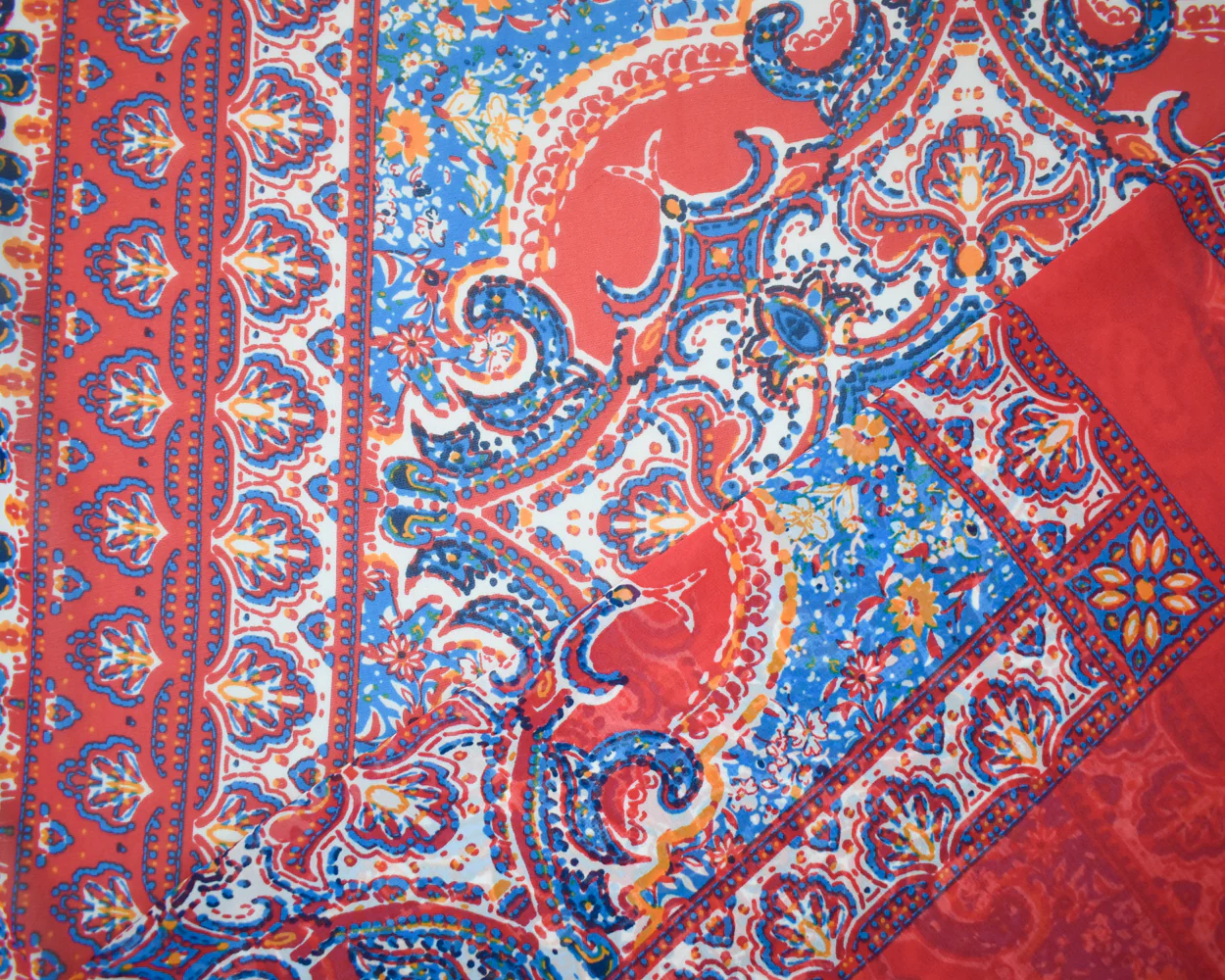 Red-Blue-Multi Poly Moroccan PANEL Border Printed Chiffon Woven Fabric - Image 3