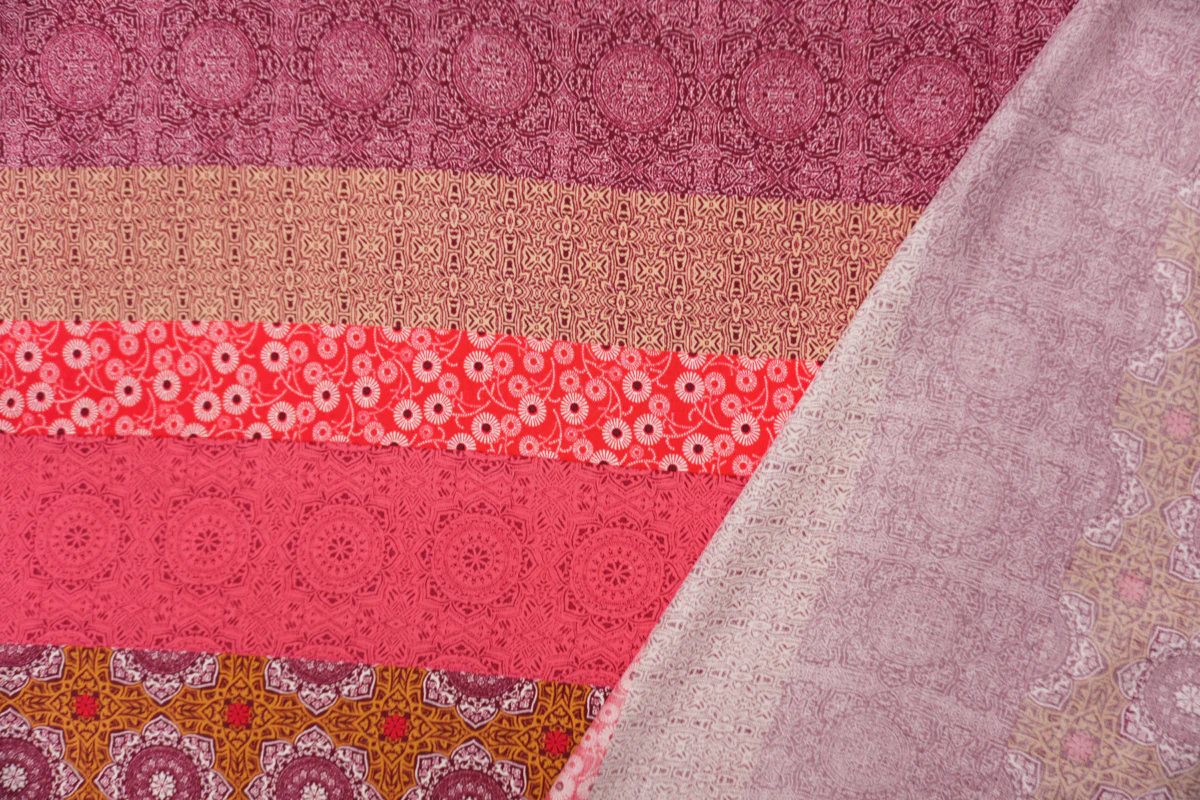 Red-Brown-Multi Rayon Stripe Moroccan Printed Challis Woven Fabric - Image 3