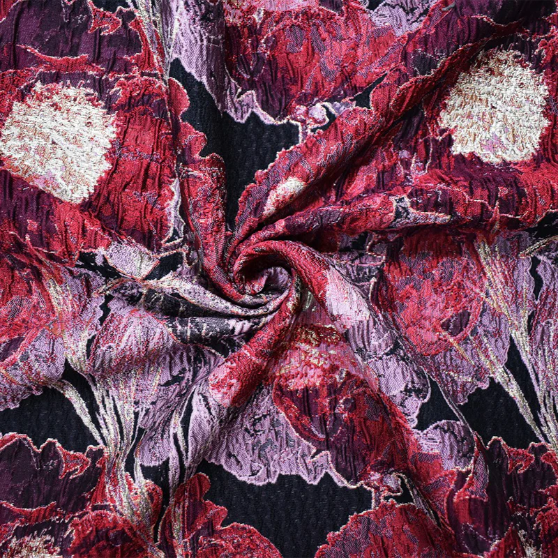 Red-Gold Abstract Floral Jacquard Matelasse Brocade Woven Fabric