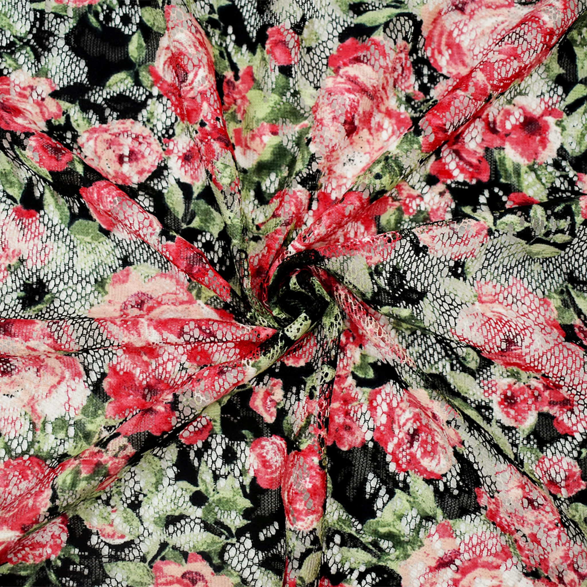 Red-Green-Multi Poly Rayon Floral Printed Crochet Lace Knit Fabric
