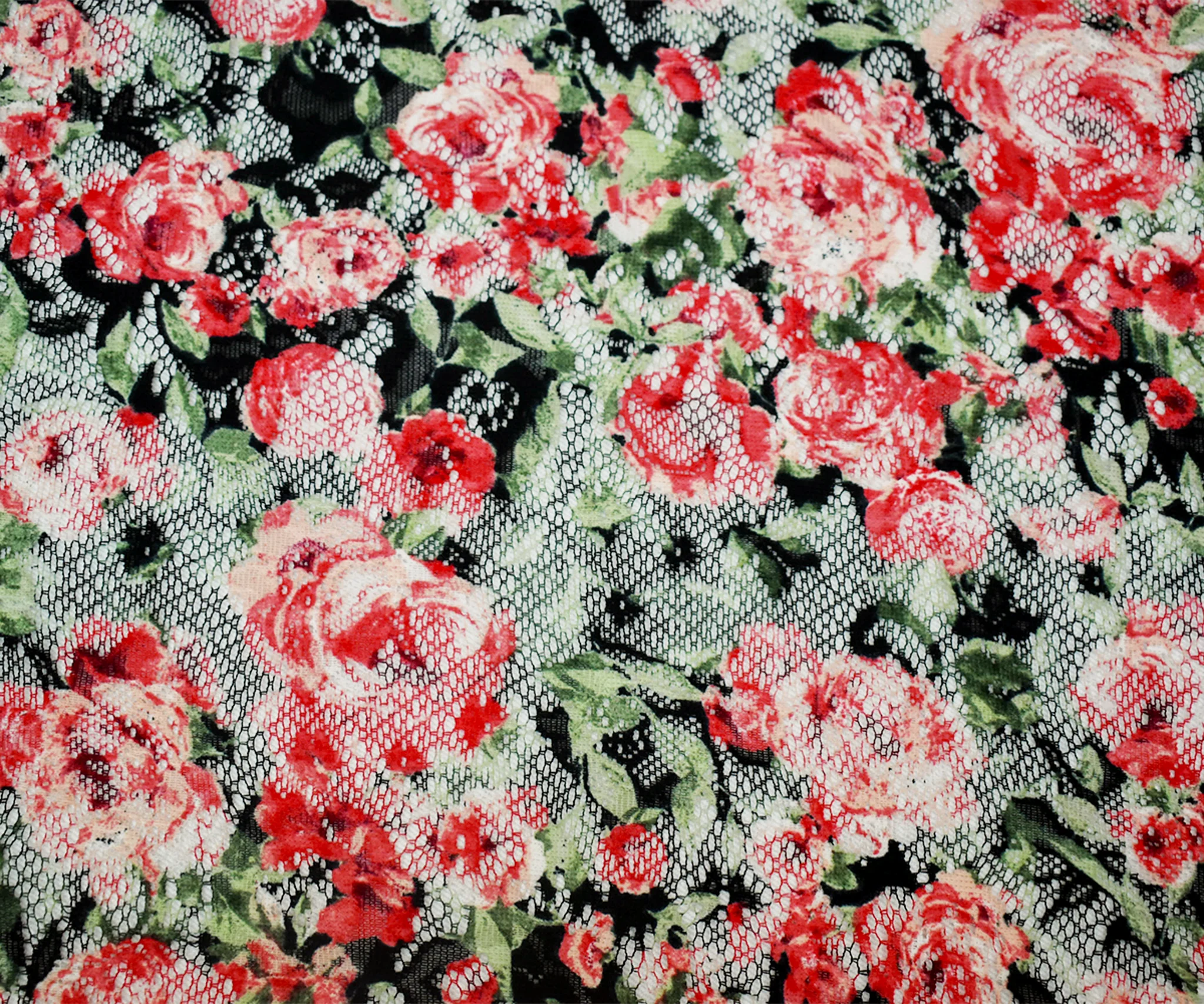 Red-Green-Multi Poly Rayon Floral Printed Crochet Lace Knit Fabric - Image 3