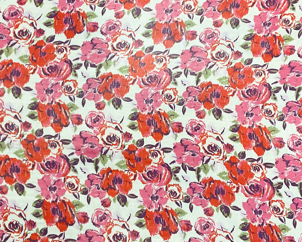 Red-Ivory-Multi Poly Floral Printed Crinkle Yoryu Chiffon Woven Fabric - Image 3