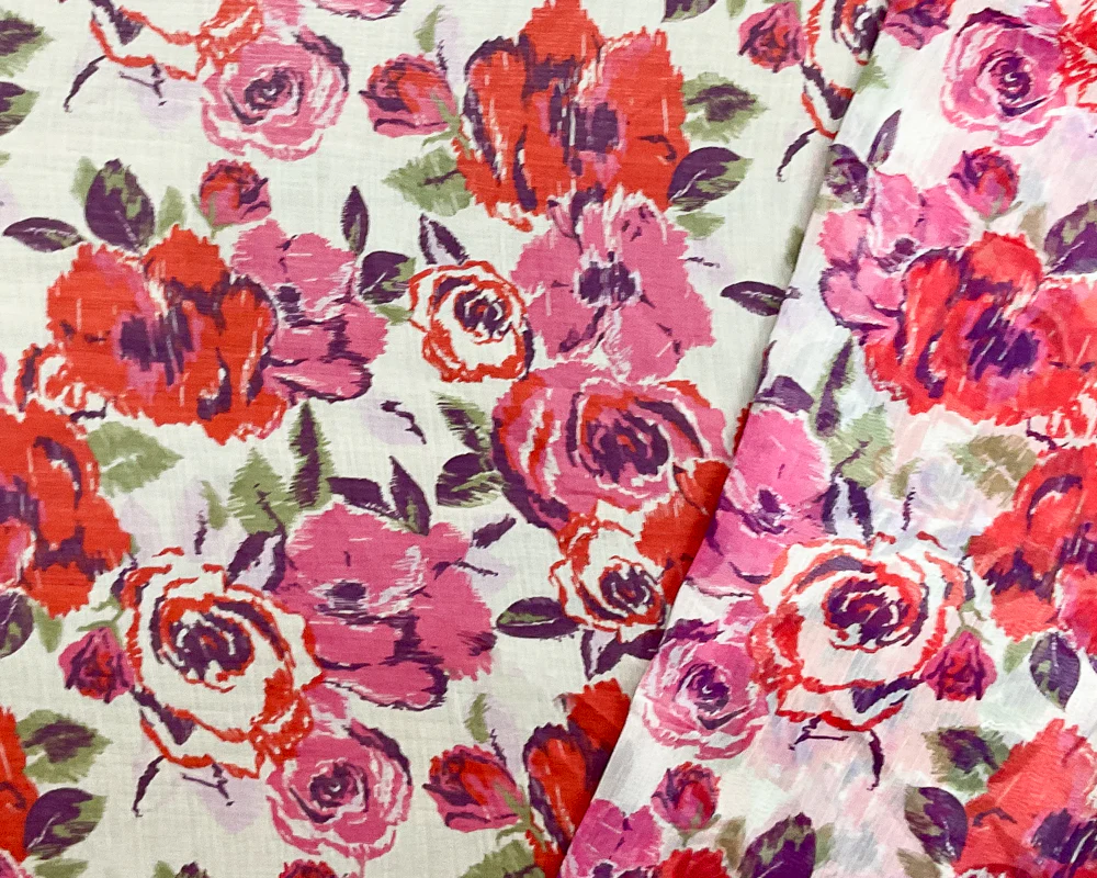 Red-Ivory-Multi Poly Floral Printed Crinkle Yoryu Chiffon Woven Fabric - Image 2