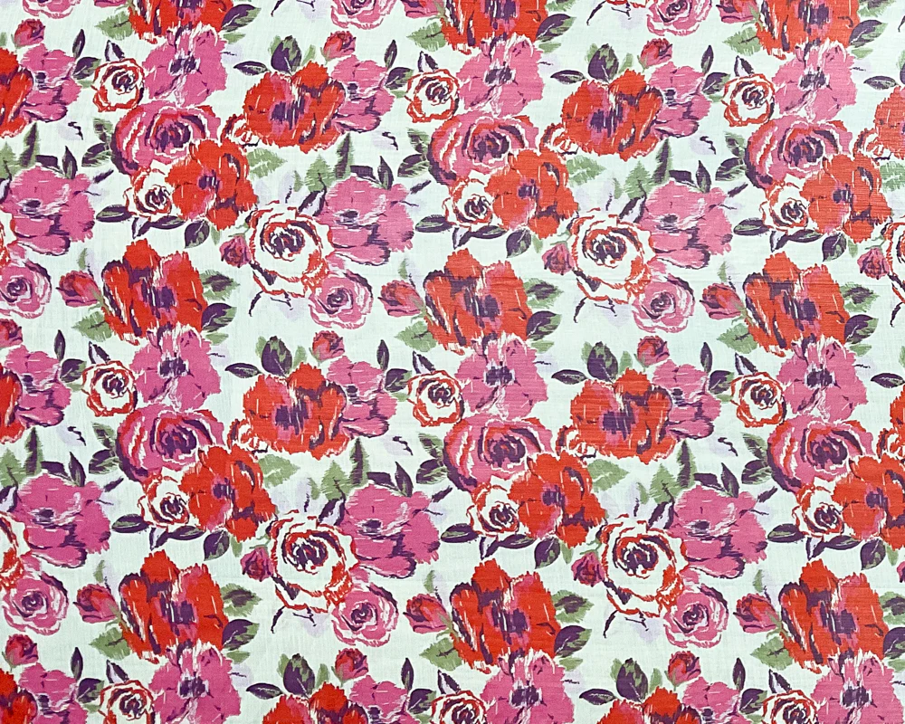 Red-Ivory-Multi Poly Floral Printed Crinkle Yoryu Chiffon Woven Fabric - Image 3