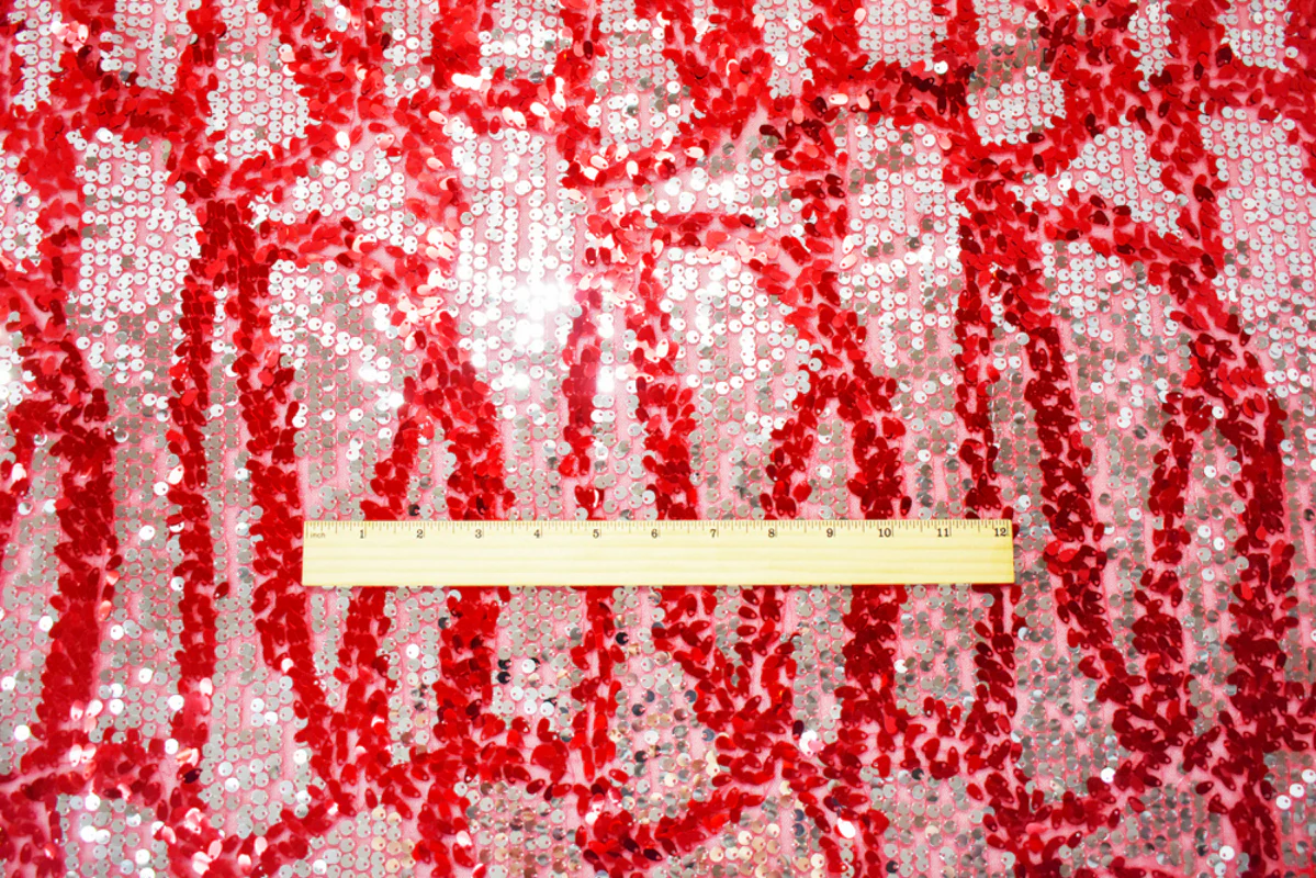 Red-Metallic Nylon-Poly Silver Abstract Sequined Mesh Tulle Fabric - Image 4