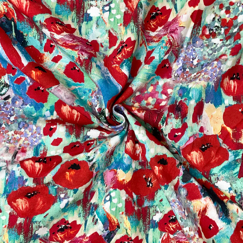 Red-Multi Cotton Floral Printed Jersey Knit Fabric