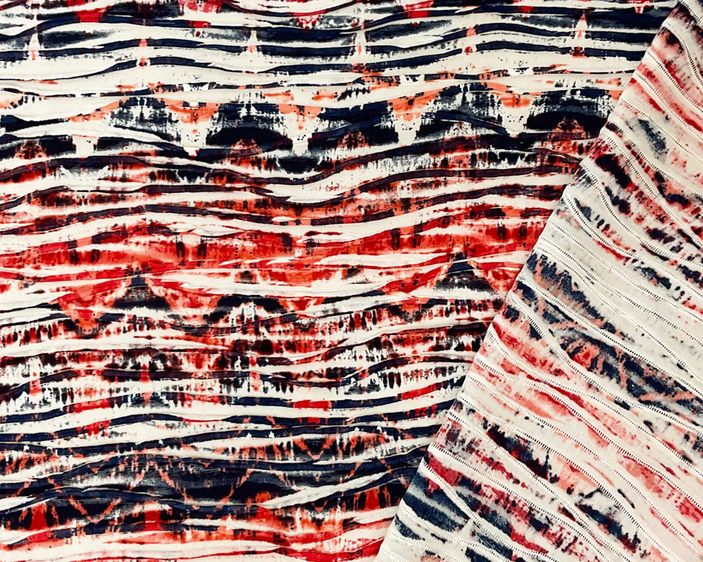 Red-Multi Poly Abstract Chevron Printed Knife Pleat Knit Fabric - Image 2