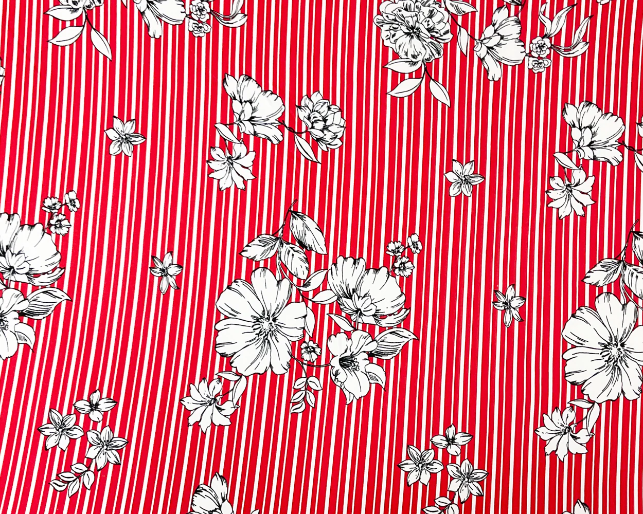 Red-Multi Poly Stretch Spandex Floral Stripe Print DB Jersey Knit Fabric - Image 3