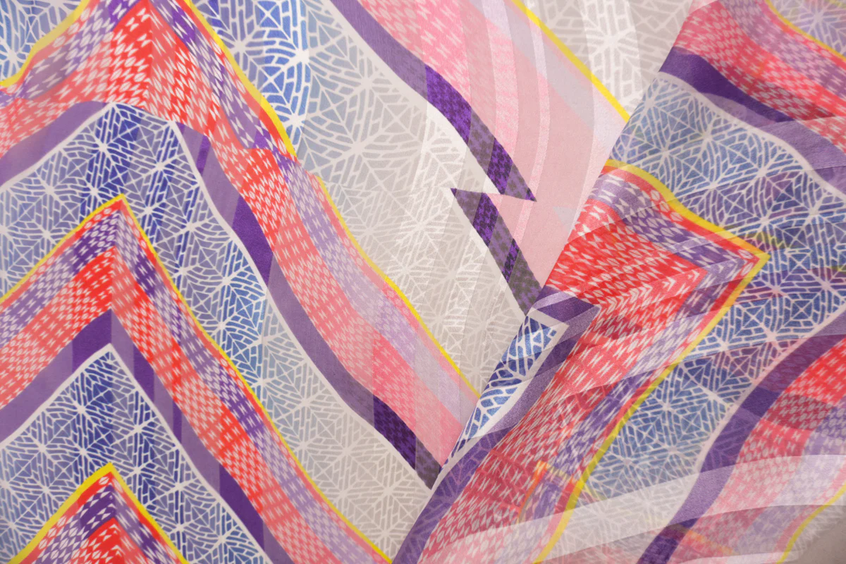 Red-Multi Silk Abstract Chevron Print Chiffon Satin Woven Fabric - Image 3