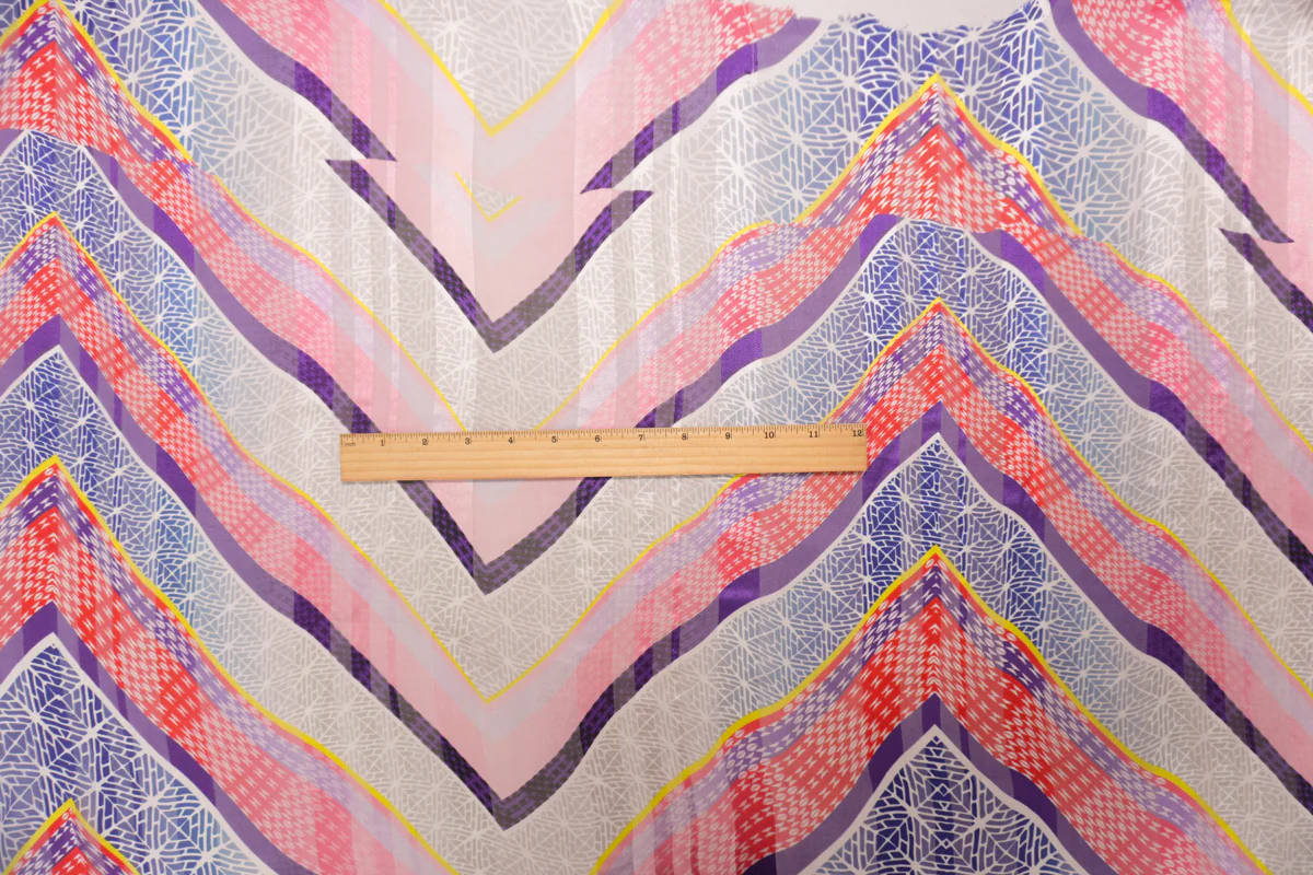Red-Multi Silk Abstract Chevron Print Chiffon Satin Woven Fabric - Image 5