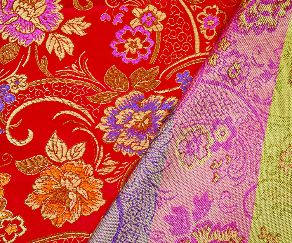 Red-Orange-Multi Polyester Floral Vine Pattern Chinese Brocade Woven Fabric - Image 4