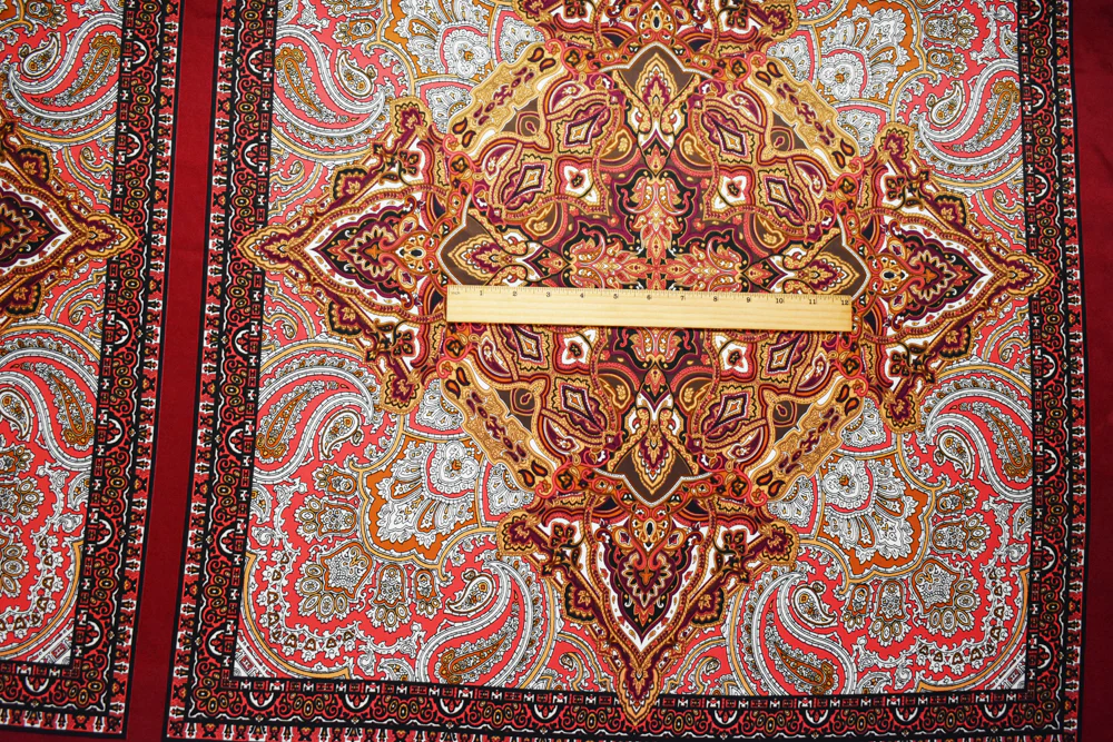 Red-Orange-Multi Polyester Paisley Bandana PANEL Printed Charmeuse Woven Fabric - Image 4