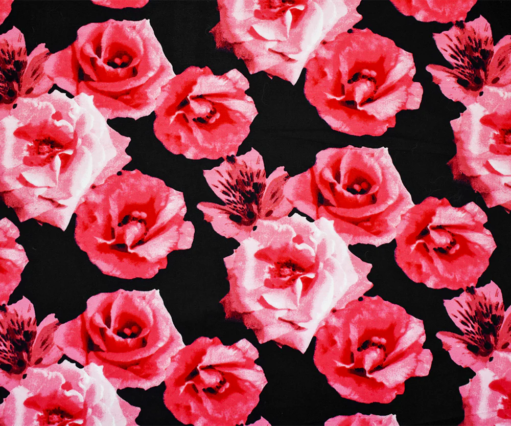 Red-Pink-Black Floral Printed Stretch Spandex Poplin Woven Fabric - Image 2